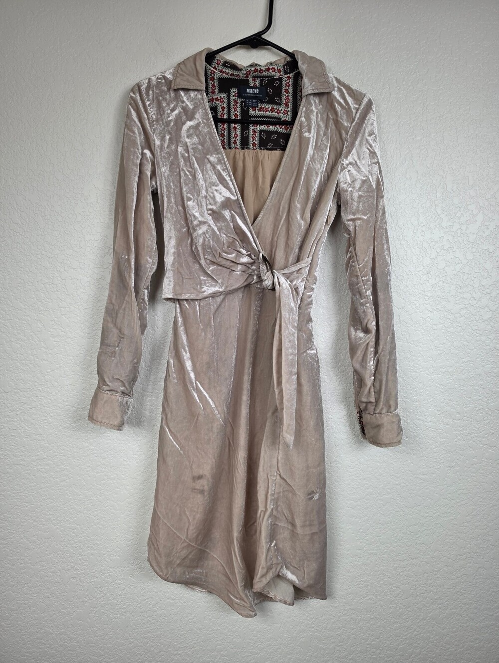 Anthropologie Maeve Velvet Wrap Dress in Beige, Size 00